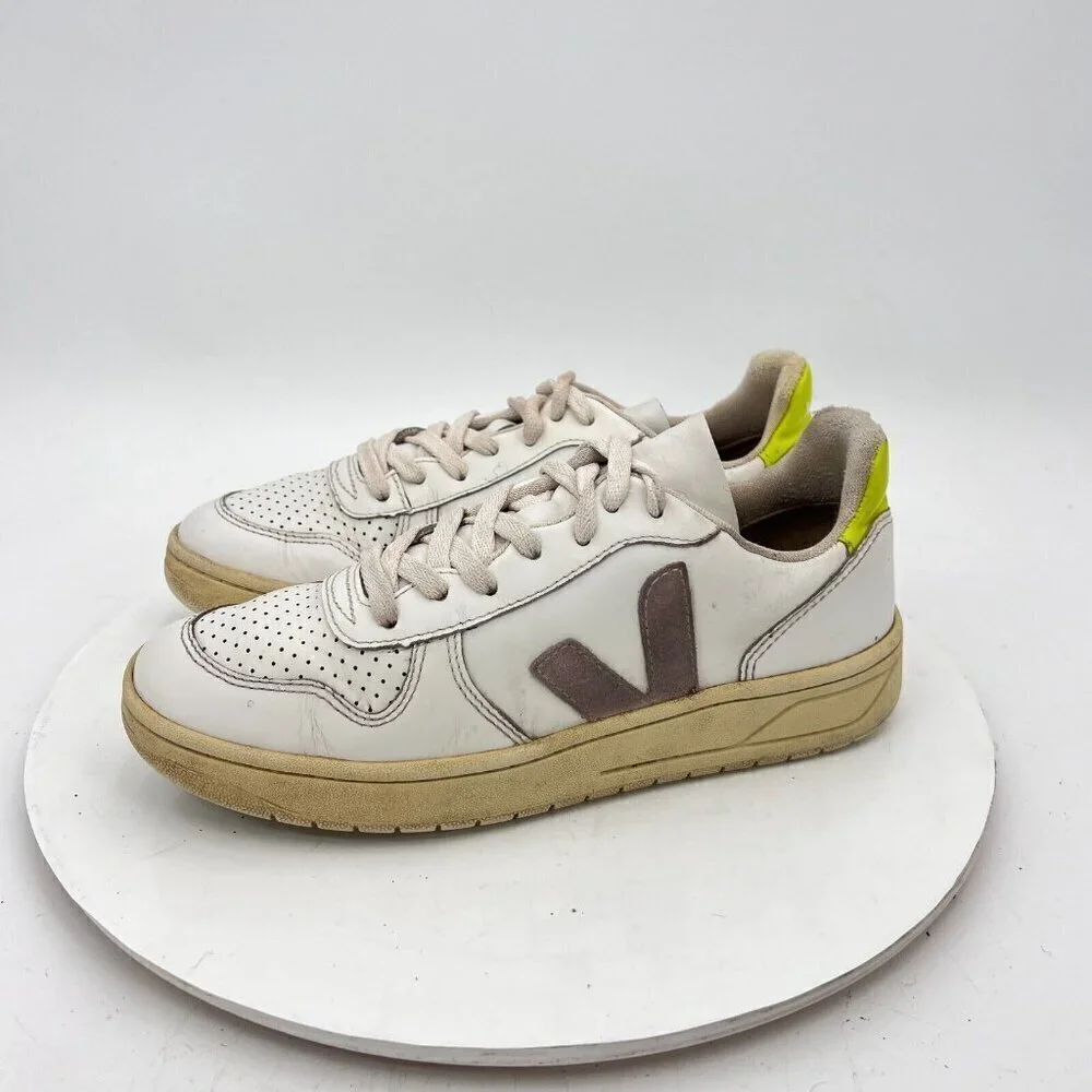 Veja V-10 Women Sz 6 White Neon Leather Brown Stitch V Logo Suede Training Shoes